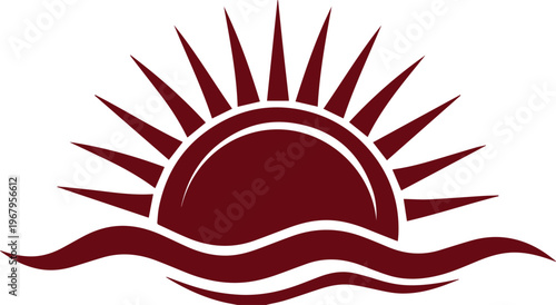 Stylized maroon sun rising over waves, a minimalist vector graphic for branding, logos, and summer designs. Abstract sunrise icon, a simple ocean sunset illustration.