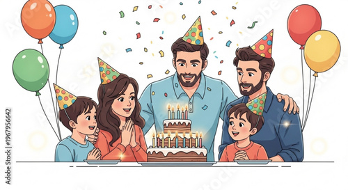 Happy family celebrating birthday with cake and balloons joyful moment with parents and kids wearing party hats