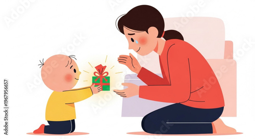 Mother and toddler sharing a wrapped gift expressing joy and love in a cozy home setting with warm lighting