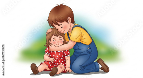 Caucasian boy comforting little sister outdoors in garden with green grass
