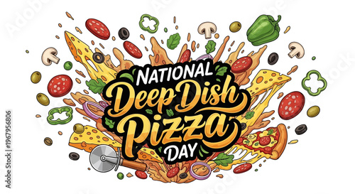 A colorful illustration celebrating National Deep Dish Pizza Day with various pizza toppings and slices around the text on a graphic design.