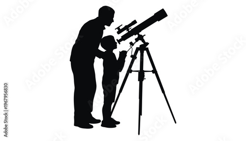 A silhouette of a man and a boy looking through a telescope