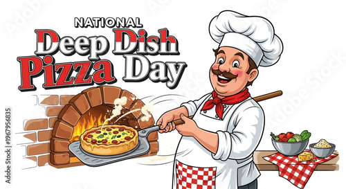 Illustration of a cheerful chef holding a pizza in a brick oven on National Deep Dish Pizza Day with a red and white checkered tablecloth and utensils in the background.