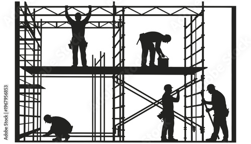 Construction workers silhouette on scaffolding at a building site