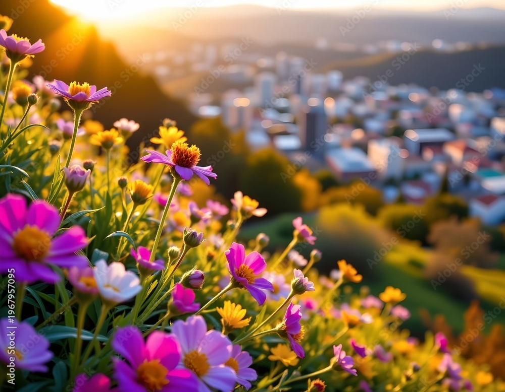 Fototapeta premium Wildflowers Blooming Sunset Over City Skyline