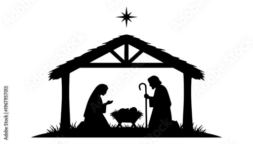 Nativity scene silhouette illustration with Mary, Joseph, and baby Jesus in a manger