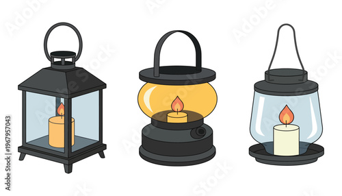 Lantern vector illustrations of three different lanterns with candles inside