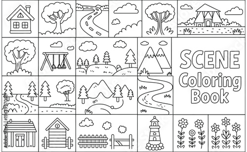 A collection of various nature and architecture scenes for children to color in a fun workbook