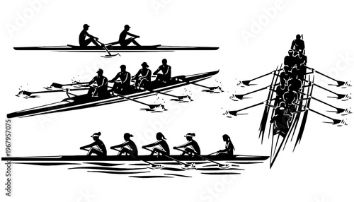 Rowing boat vector silhouettes with rowers in different positions and formations