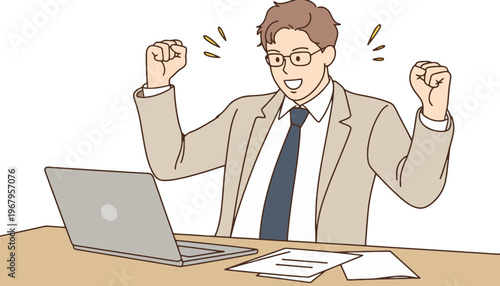 A businessman celebrating success with his laptop at the office desk