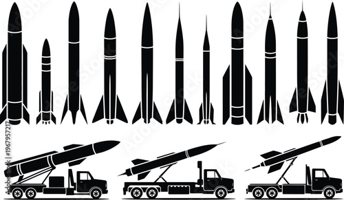 Rocket and missile silhouette collection, black vector set of military ballistic weapons and space launch vehicles with transport trucks isolated on white background.