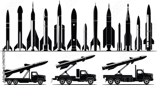 Rocket and missile silhouette collection, military and space themed vector illustrations featuring rockets missiles and transport trucks in clean black silhouette style.