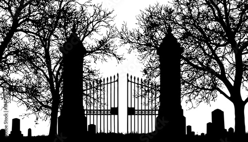 A cemetery gate silhouette with trees and tombstones at dusk