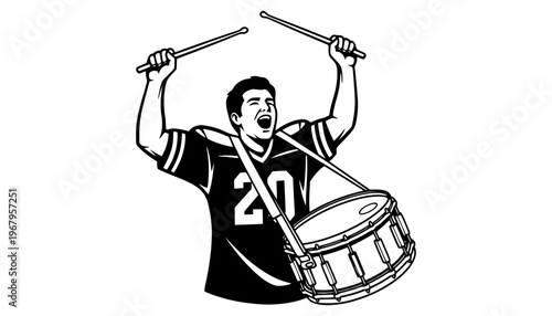A drummer wearing a jersey plays a drum with energetic enthusiasm loudly.