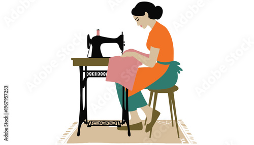 A woman sewing illustration with a black sewing machine