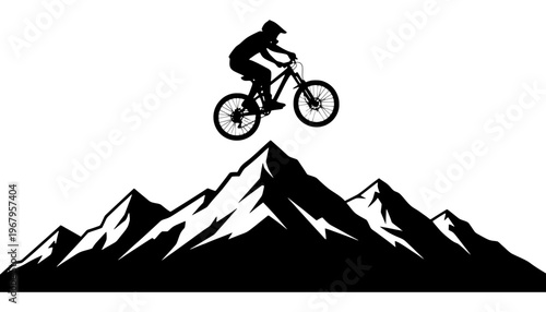 A mountain biker silhouette jumping over a mountain peak illustration