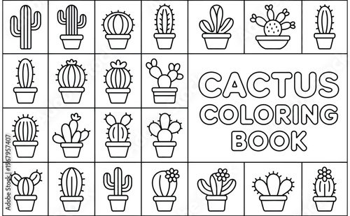 A collection of various potted cactus illustrations designed for a fun educational coloring book