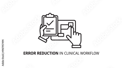 A conceptual illustration representing error reduction in clinical workflow with a clipboard and computer, symbolizing efficient healthcare management and accuracy in medical settings.