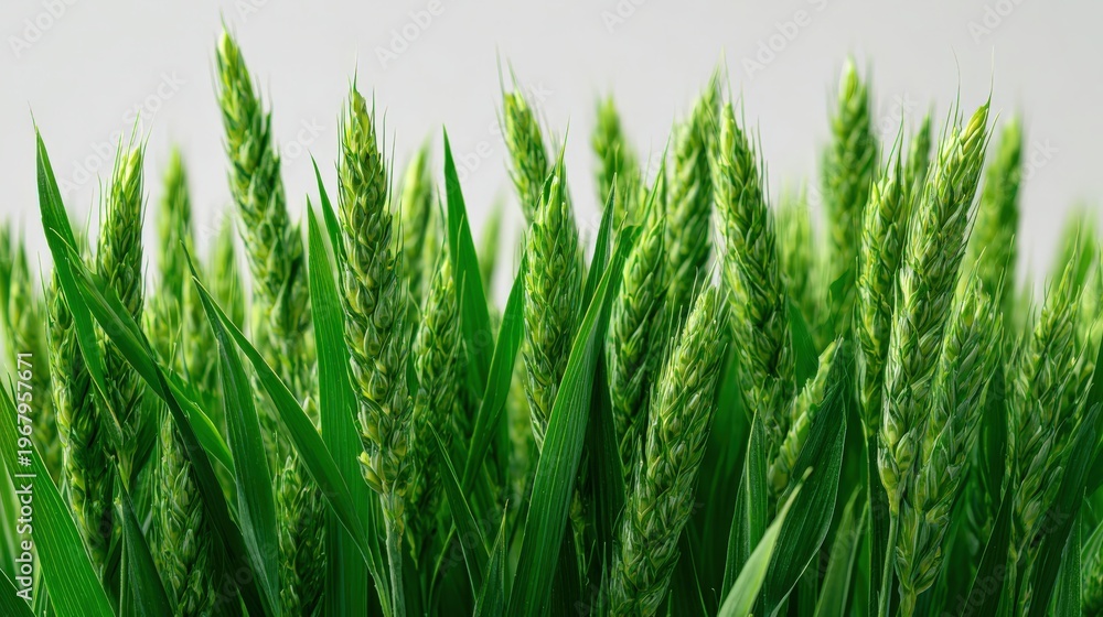 Fototapeta premium Vibrant green wheat field close up with detailed grain heads against neutral background