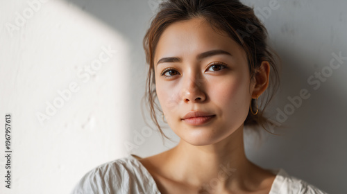 Close up portrait of beautiful Japanese woman with natural makeup