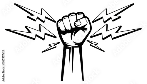 A powerful fist icon with lightning bolts in black and white