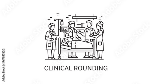 A team of doctors and nurses in a hospital setting discussing a patient's condition during a clinical rounding. This illustration is ideal for healthcare, medical, and educational content.