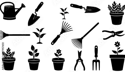 Gardening tools and plants in a simple black silhouette illustration style
