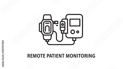 Clean line art illustration of a remote patient monitoring system, connecting a smartwatch to a digital monitor. Ideal for healthcare technology, telehealth, and medical innovation concepts.