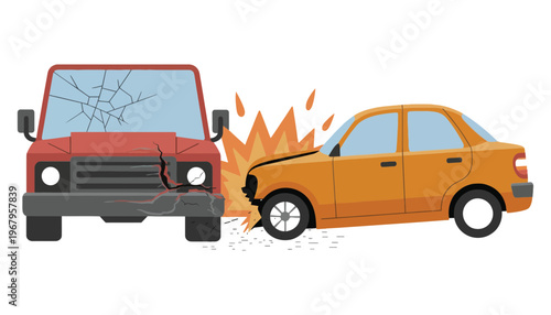 Car accident illustration with damaged vehicles and explosion