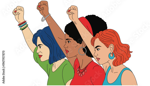 Feminist women raising fists in solidarity and empowerment illustration