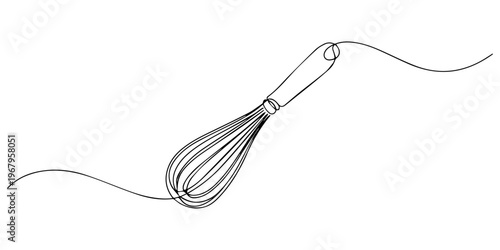 Continuous one line drawing whisk. Stock vector illustration, Whisk Kitchen Icon In Line Style, Single one line drawing Manual Mixer, Continuous one line drawing of balloon whisk kitchen tool minimal.