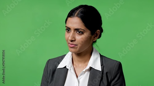 Professional businesswoman smiling against green background