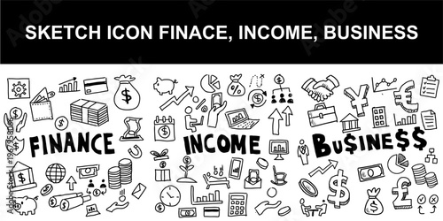 Sketch icon set finance income and business vector for thrifty apps. Ideal for symbolizing rough accounting, sketchy wealth generation, and hand drawn economic market commerce.