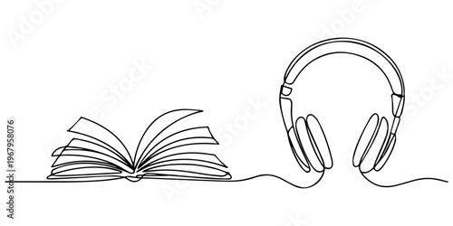 Continuous one line drawing of an open book connected to headphones, Book with headphones continuous line drawing. Audio reading linear concept. Audiobook symbol. Vector illustration isolated on white