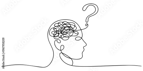Concept of confused feelings in one continuous line drawing. Human head with question mark inside in simple linear style, Concept of confusion in the head and question mark. Continuous One line drawin