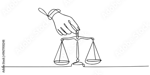 One single line drawing of hand holding weight scale symbol for world day of social justice in continuous line drawing, Hand holding scales of justice line art illustration with abstract details. None