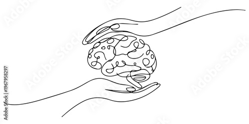 Continuous one line drawing of a two hands holding a holographic brain, Hands protecting brain on continuous line minimal background. no editable strokes, World Mental Health day is observed every pro