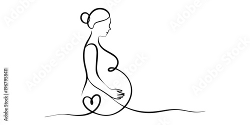 Pregnant woman one line drawing holding belly with heart shape, Continuous line drawing of a pregnant woman. One line drawing of a pregnant woman. Pregnant belly. Minimalist contour illustration of a.