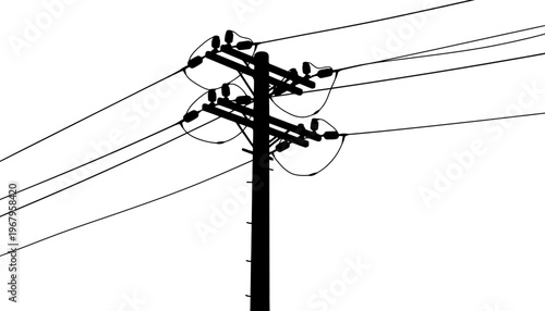 Electricity pole silhouette with multiple wires against a white background