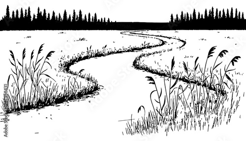 A serene landscape illustration of a winding river in a natural setting