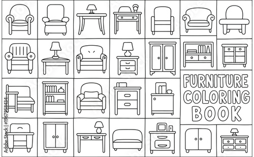 Collection of various interior furniture pieces arranged in a grid for a fun coloring book page