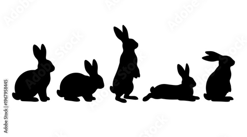 Vector Silhouettes of Rabbits in Various Natural Poses Including Sitting, Standing, Crouching, Lying Down, Wildlife Animal Illustration, Nature Design, Cute Creature Art