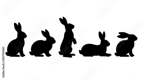 Vector Silhouettes of Rabbits in Various Natural Poses Including Sitting, Standing, Crouching, Lying Down, Wildlife Animal Illustration, Nature Design, Cute Creature Art