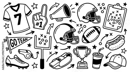 Vector Doodle Illustrations of American Football Fan Culture Items Including Jersey, Helmet, Trophy, Foam Finger, Whistle, Goalpost, Megaphone, Cleats, Food, Sports Graphic Art