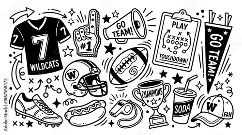 Vector Doodle Illustrations of American Football Fan Culture Items Including Jersey, Helmet, Trophy, Foam Finger, Whistle, Goalpost, Megaphone, Cleats, Food, Sports Graphic Art
