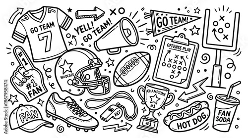 Vector Doodle Illustrations of American Football Fan Culture Items Including Jersey, Helmet, Trophy, Foam Finger, Whistle, Goalpost, Megaphone, Cleats, Food, Sports Graphic Art