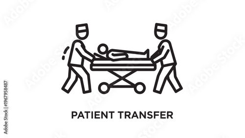 A clean, minimalist illustration depicting two healthcare workers carefully moving a patient on a stretcher trolley. Ideal for medical, hospital, and emergency service concepts.