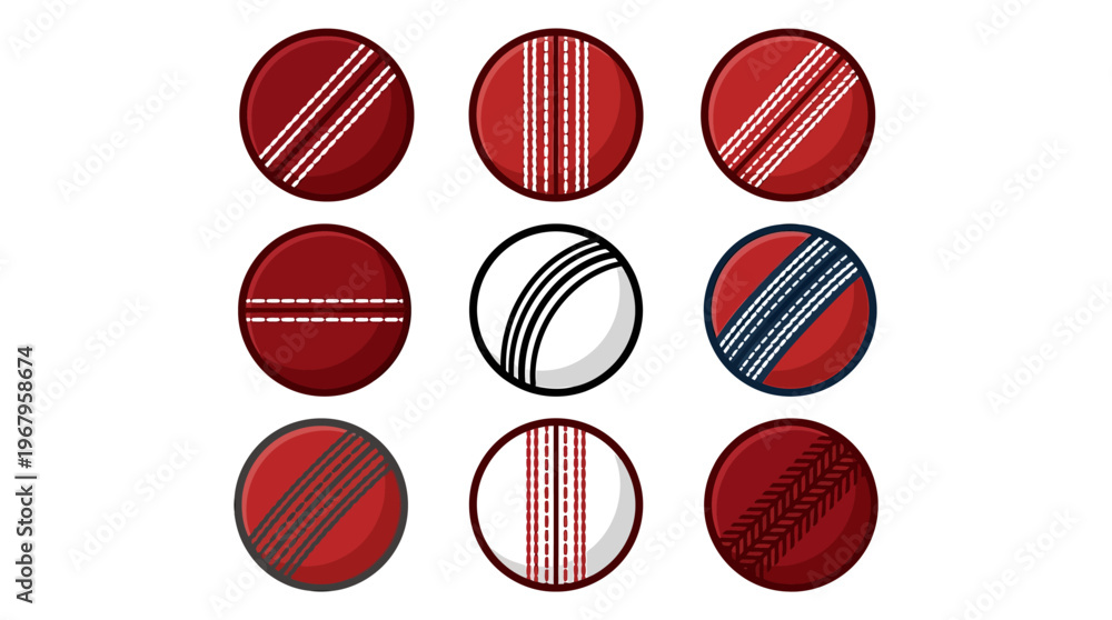 Fototapeta premium Vector Circular Icons Displaying Cricket and Baseball Ball Seam Stitch Patterns in Red and Cream Designs, Sports Equipment Illustration, Athletic Graphic Art Template