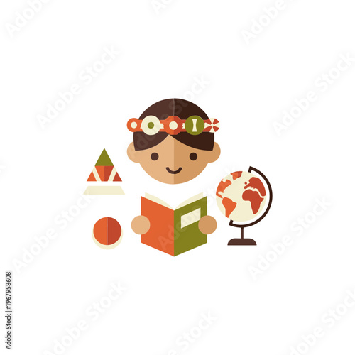 Cartoon Boy with Educational Objects Around.