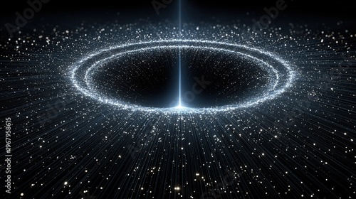 Blue laser beam shining on circular pattern with oval light rays spreading outward, black sci-fi background creating futuristic atmosphere, vector graphic with high-definition line details